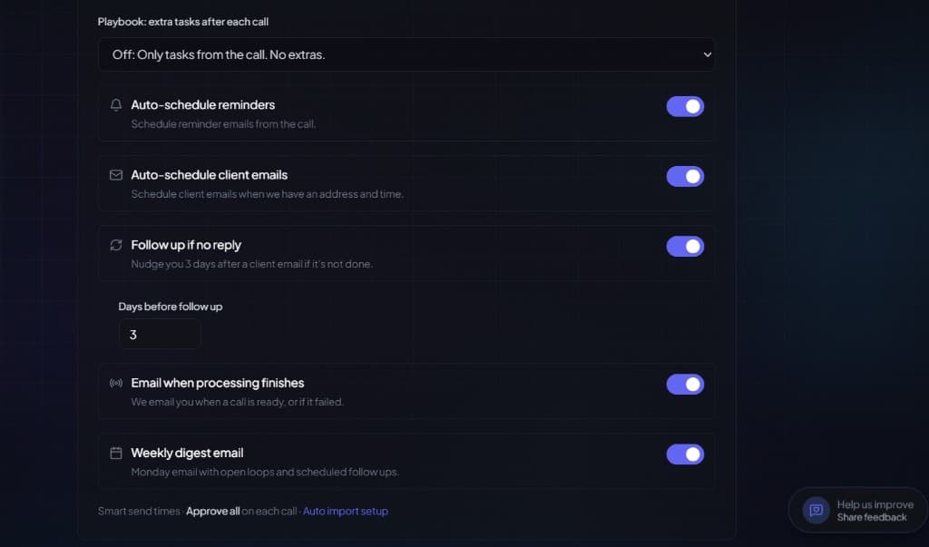 Inbeo automation settings: playbook, auto schedule reminders, auto schedule client emails, follow up if no reply, and weekly digest toggles