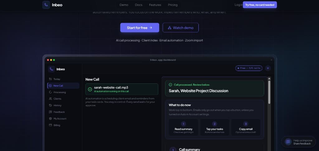 Inbeo dashboard after processing a client call: AI summary, what to do now steps, and task cards for Sarah's website project