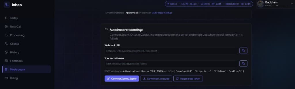 Inbeo auto import recordings panel in My Account: personal webhook URL, secret token, and Connect Zoom Zapier button
